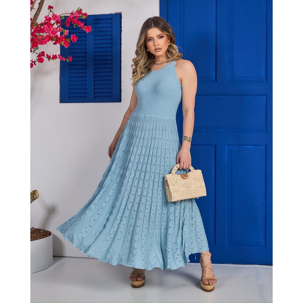 Vestido Plissado Midi (P ao GG) Verão Leve Fresco Trico Qualidade Veste do 36 ao 48 IS250 em Oferta na Shopee