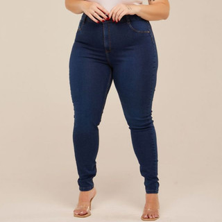Calça Jeans Feminina Plus Size Azul Escuro Lisa Cós Alto com Lycra Encorpada Premium Lanç…