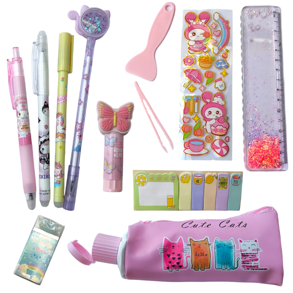 Kit Papelaria Fofa Criativa Kawaii Material Escolar Escritório Estojo Formato de Bisnaga com Apontador Canetas Gel Apagável Lápis Infinito Borracha de Gatinho Cola Fofinha Post-it Bloco de Anotação Adesivo Régua Personalizável com Glitter Menina Estilosa