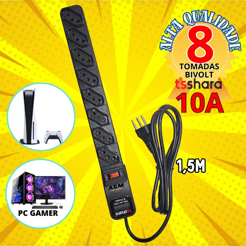 Regua Eletrica com 8tomadas top de linha Ts Shara Proteção ideal p seus aparelhos Filtro de Linha Bivolt 10A