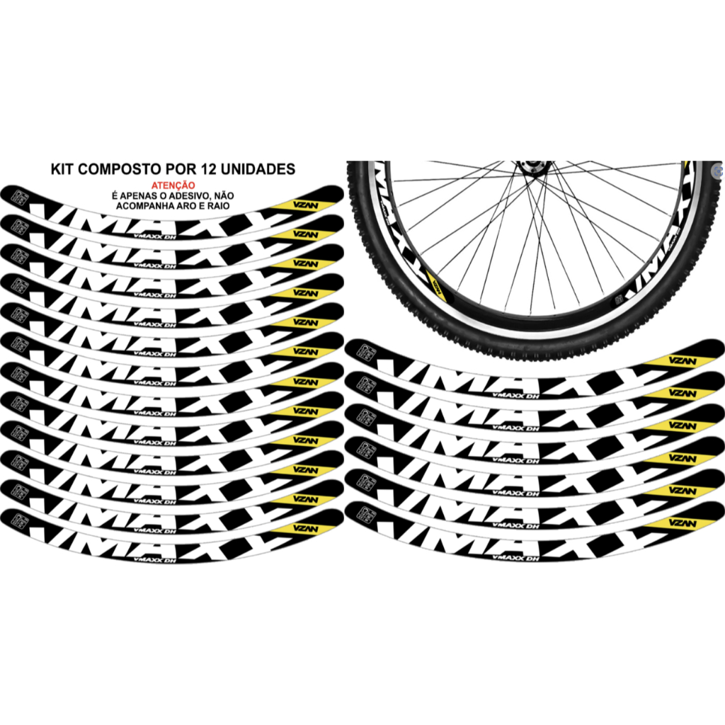 Kit 12 Adesivos Vmaxx Roda Bike 2026 Freio Vbrake Bicicleta Ciclismo Aro 24 26 29 Preto