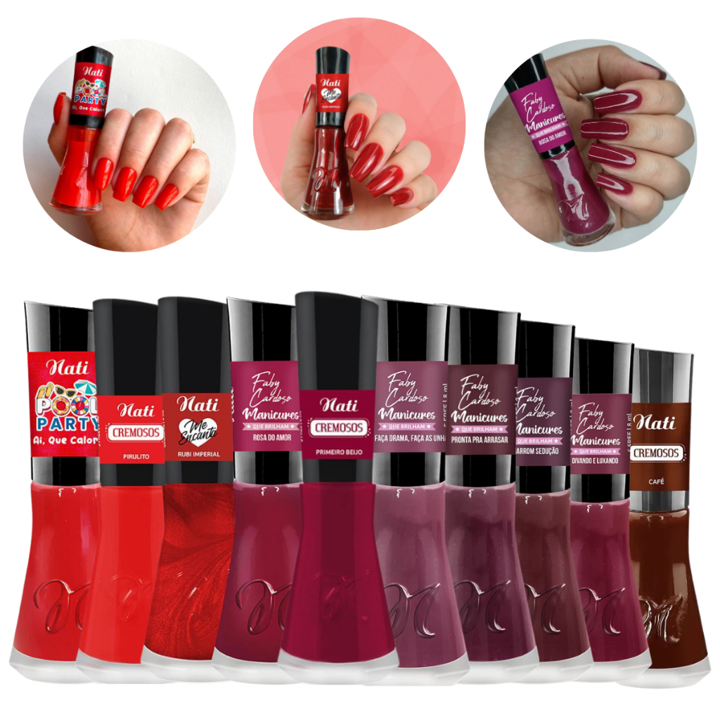 Kit 10 Esmaltes Nati Tons Escuros Cores Intensas Glitter Brilhante Tons de Vermelhos Coleção