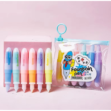 Marca Texto, Mini Canetinha Hidrográfica, Fountain Pen, Mini Fluorescente Highlighters Pen, Kawaii Art Marker Canetas, Material de papelaria Estudante, Material Escolar, 6 Cores, 6Pcs