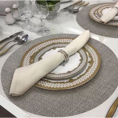 Jogo Americano Redondo Juta Cinza- Kit com 4 Unidades-  Impermeável Pvc