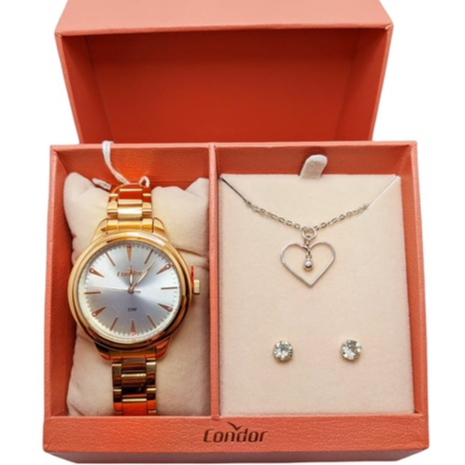 Relógio feminino kit colar e brinco analógico rosé condor bronze