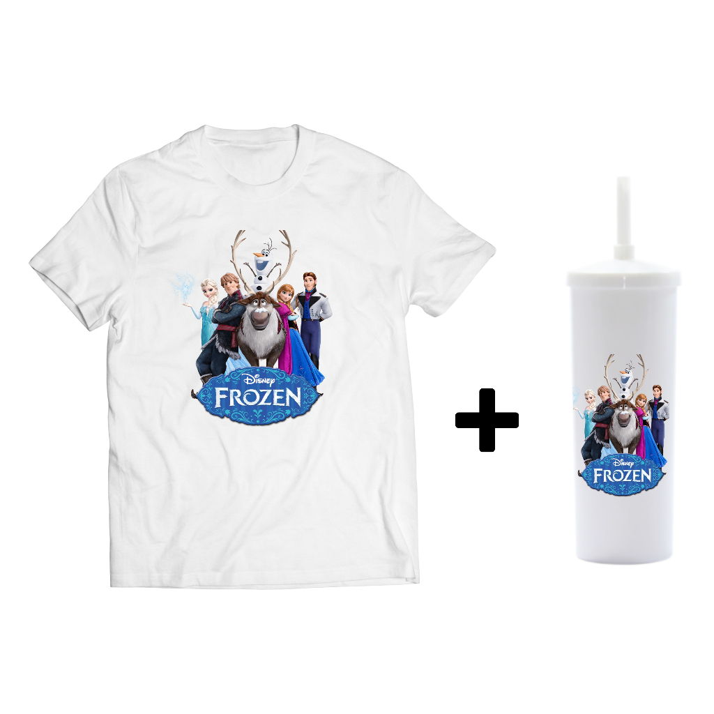 Kit Dia das Crianças com Tema Frozen Personalizado - Camiseta + Copo Long Drink com Tampa