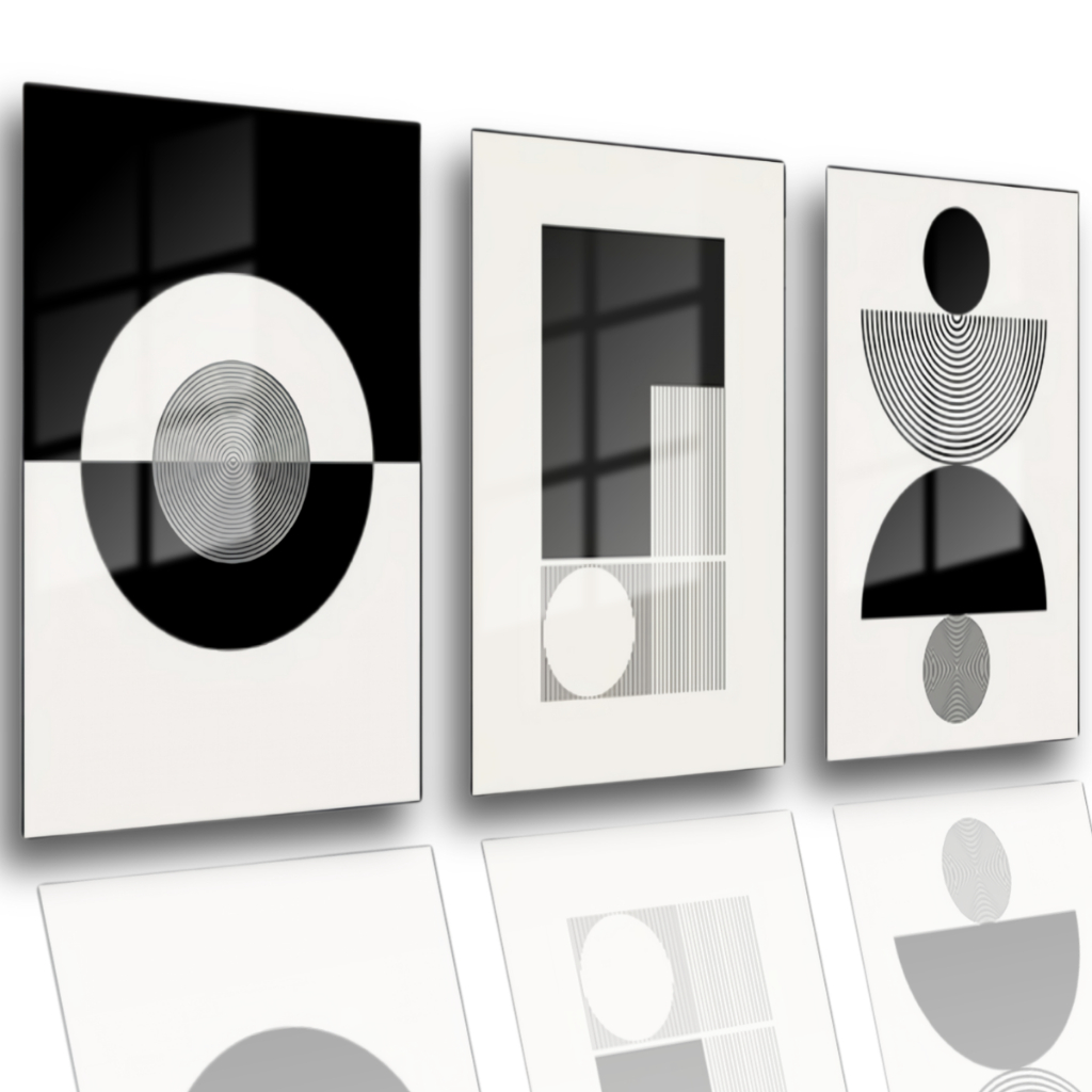 Quadro Decorativo 3 Peças Abstrato Arte Moderna Geométrica Formas Preto e Branco Para Sala, Quarto