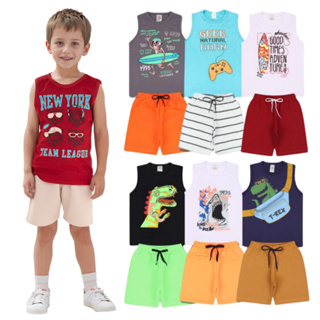 Kit 6 Peças de Conjunto Regata para Meninos - 3 Regatas e 3 Bermudas, Tamanhos Disponíveis de 1 a 10 em Oferta na Shopee
