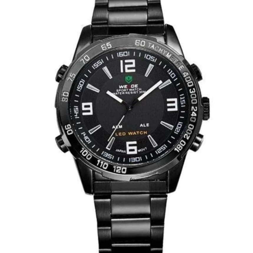 Relógio masculino digital led e analógico weide 1009 preto inox discreto