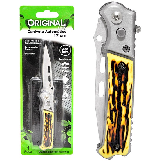 INFORMAÇÕES ADICIONAIS: EAN: 7899751100472 VALIDADE: INDETERMINADA TAMANHO APROXIMADO: 17CM PESO APROXIMADO: 85G TIPO DE PRODUTO: CANIVETE AUTOMATICO COM BAINHA COR: COLORIDO COMPOSIÇÃO: OSSO E AÇO INOX