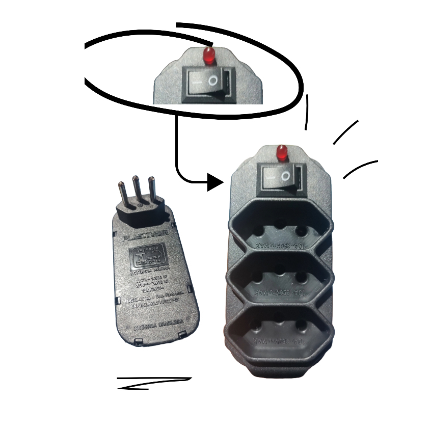 Tomada Adaptador Benjamim 2p+T Triplo Bivolt Liga/Desliga New jack preto em Oferta na Shopee