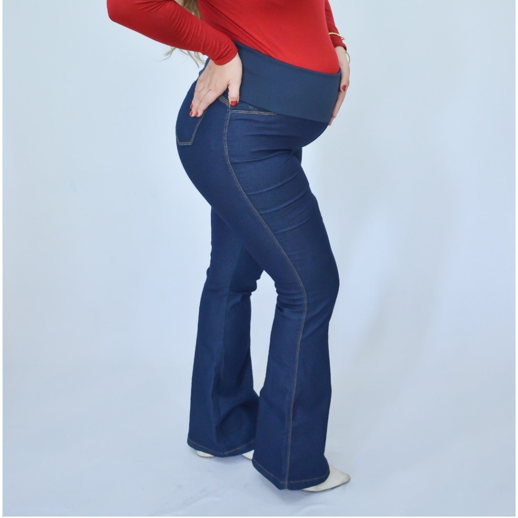Calça jeans flare com lycra gestante alta qualidade conforto garantido maternidade