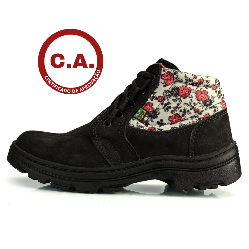 Botina De Segurança Nobuck Preto Com Flores,  De Amarrar Com Certificado C.a