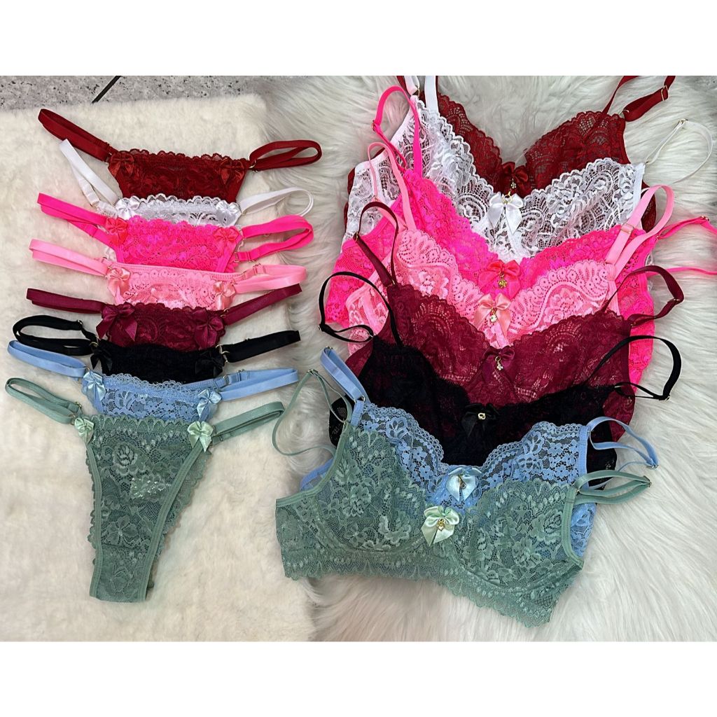 KIT 8 CONJUNTOS DE LINGERIE ATACADO  SUTIÃ RENDADO SEM BOJO COM ARO E FIO DE RENDA REGULAGEM REF:100