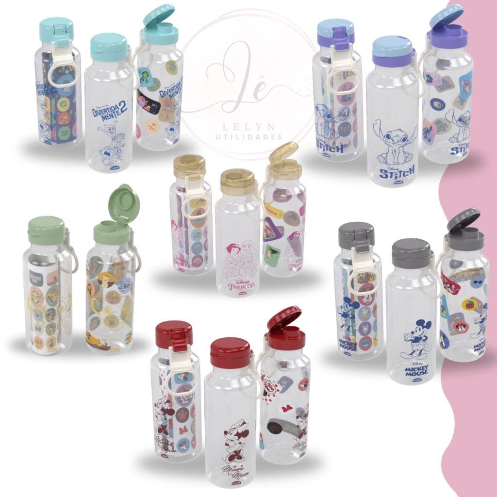 Garrafa Stitch, Divertidamente, Mickey, Minnie e Rei Leão Abre Fácil com Adesivo 600ml