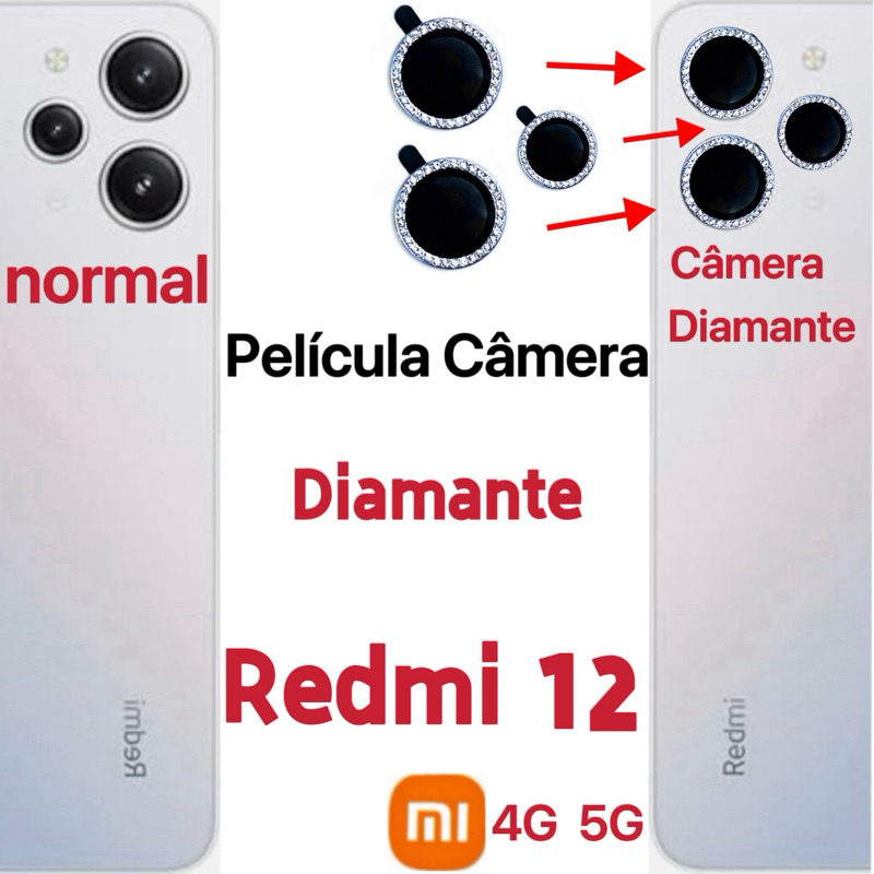 Kit (*3Pçs) Película Câmera  Diamante Para Xiao Mi Redmi 12 4G 5G  protetor lente Traseira Vidro Colorido