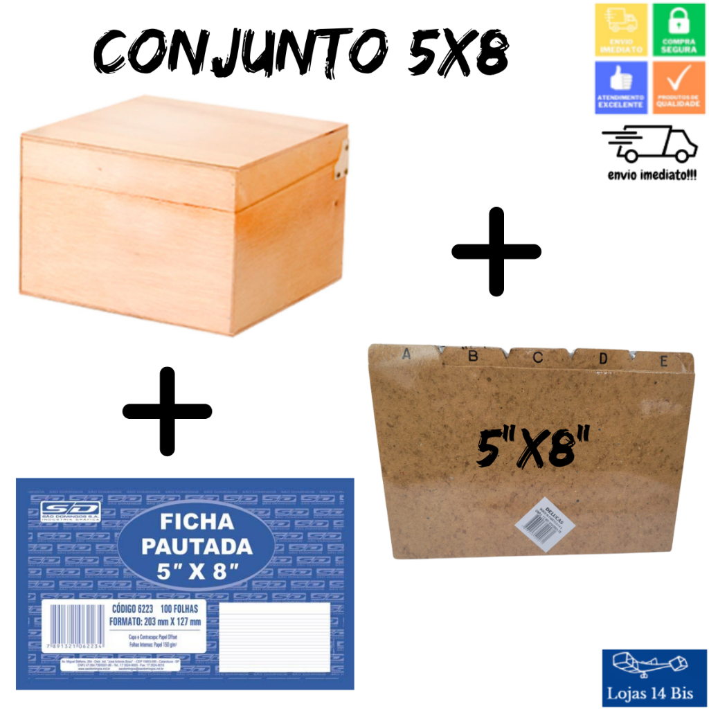 Caixa Madeira Fichário de Mesa Souza 5x8 + Índice Kraft Delucas + 100 Ficha Pautada São Domingos em Oferta na Shopee