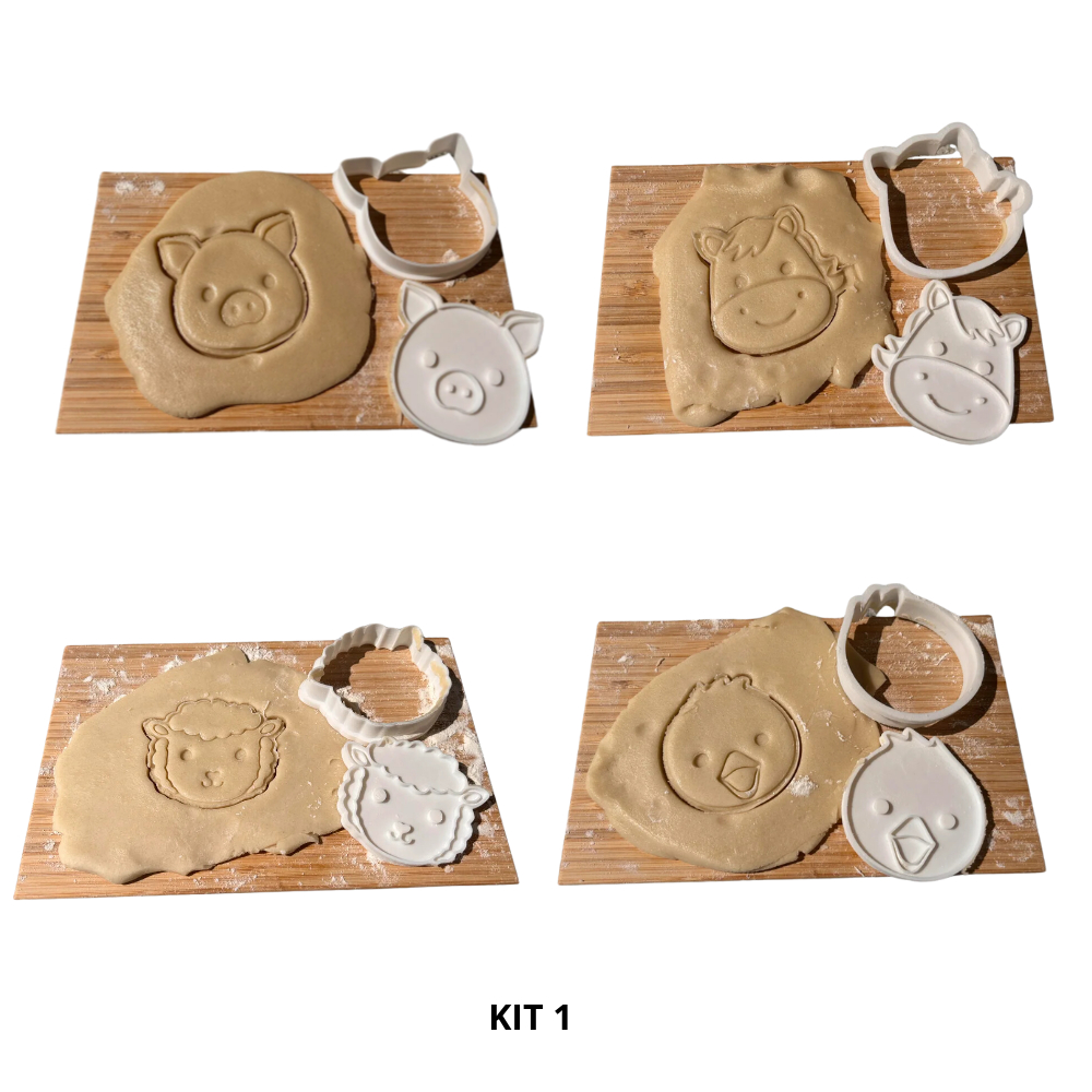 Cortador de Biscoito com Carimbo 7cm - Kit Animais da Fazenda, Fazendinha Porco, Pato, Ovelha e Cavalo