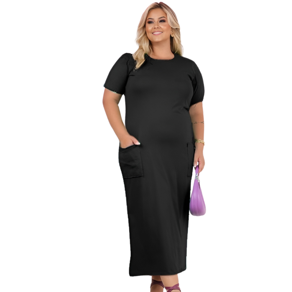 2 Vestido Feminino Midi com Manga e Fenda Vestido Feminino bolso Casual Elegante Comportado Moda Evangelica Kit 2 vestido atacado