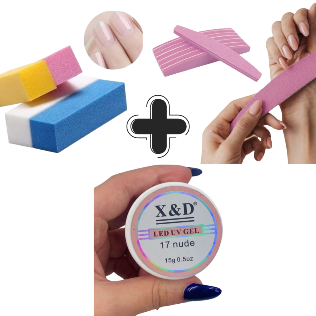 Kit Manicure 3 Itens  Gel Led Uv 17 Nude 15g  Mais Lixa Buffer De Polir Unha Gel Acrílico 100/180 E Lixa Bloco De Unha Polidora