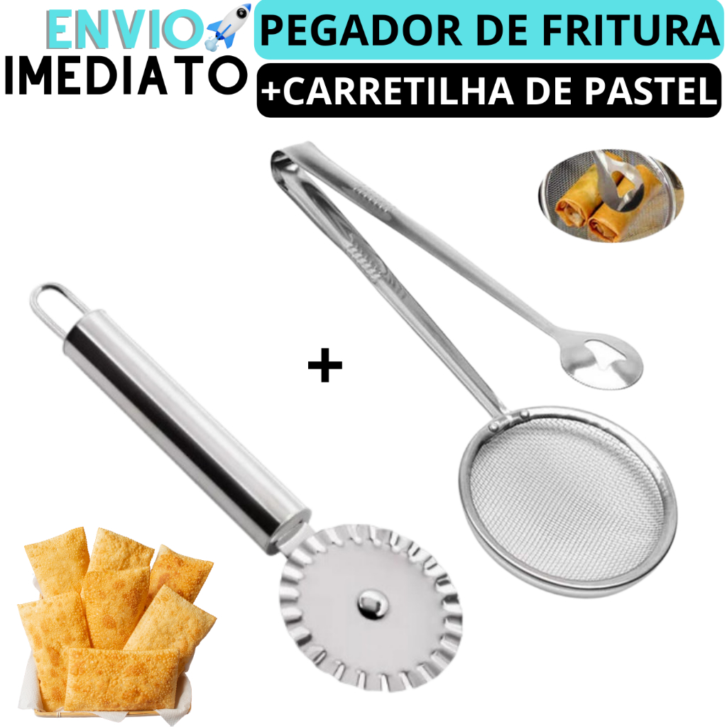 Kit Pastel Carretilha Corta E Fecha Pastel Fechador De Massas Carretilha de Pastel+ Escumadeira Para Fritura Com Pegador