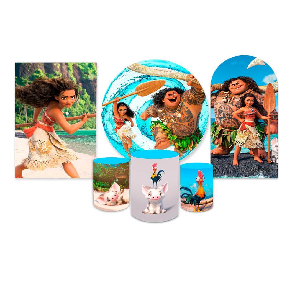 Kit Completo Painel Redondo + Trio Cilindro + Painel Romano + Painel Retangular Decoração Festa Infantil Tema Moana