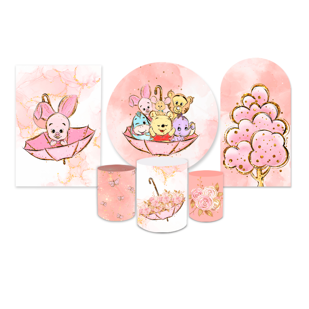 Kit Completo Painel Redondo + Trio Cilindro + Painel Romano + Painel Retangular Decoração Festa Elegante Infantil Tema Ursinho Pooh
