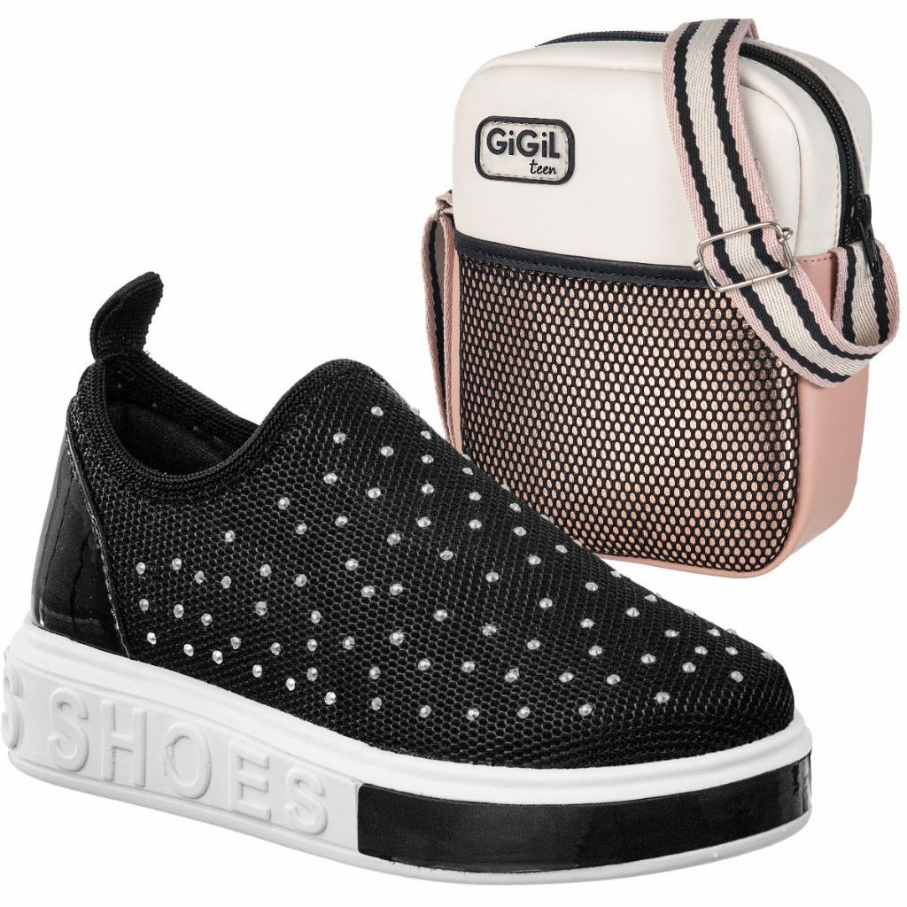Kit Tenis Meia Infantil GiGiL Teen Feminino Slip-on Calce Fácil Com Bag Ombro Transversal ...