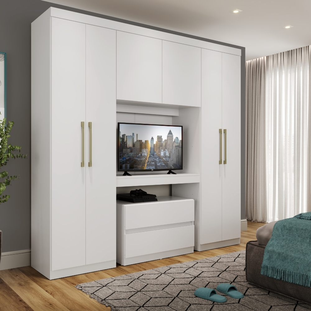 Guarda Roupa Infantil 6 Portas 2 Gavetas Porto Branco com Painel de TV Carraro - Home & Living