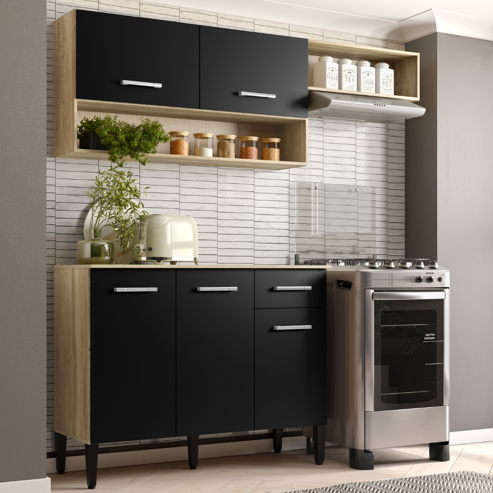 Armário Cozinha Compacta Arizona Tiny Carvalho/Preto Carraro em Oferta na Shopee
