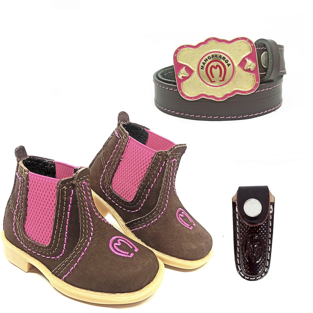 Kit Feminino Botina Rosa + Cinto Couro Mangalarga + Bainha Canivete