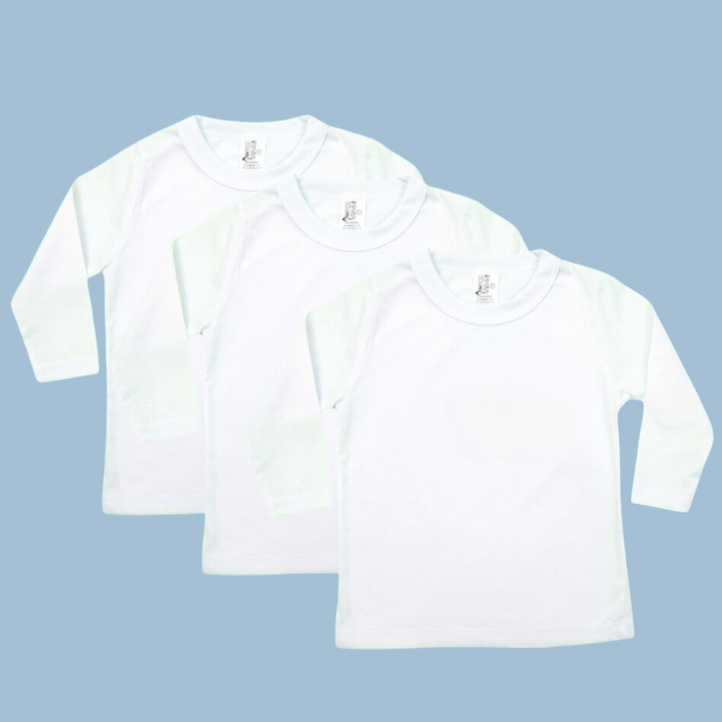 Kit 3 Camisetas Branca Básica Infantil Manga Longa Menino Menina Unissex Tamanho 1 ao 8 em Oferta na Shopee