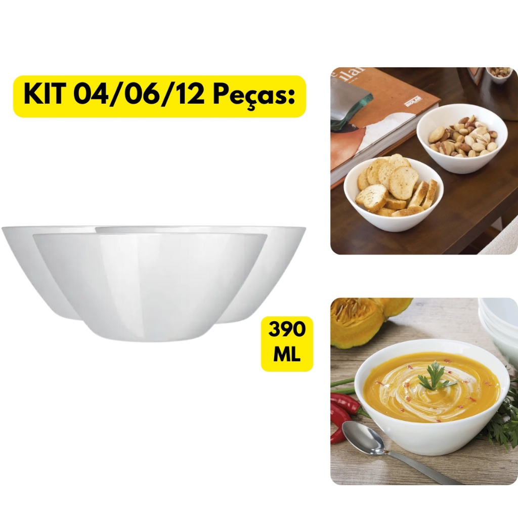 Jogo Kit 04/06/12 Cumbucas Vidro Branco Duralex Saladeira 390ML Porções Pequena Sobremesa Buffet Bar
