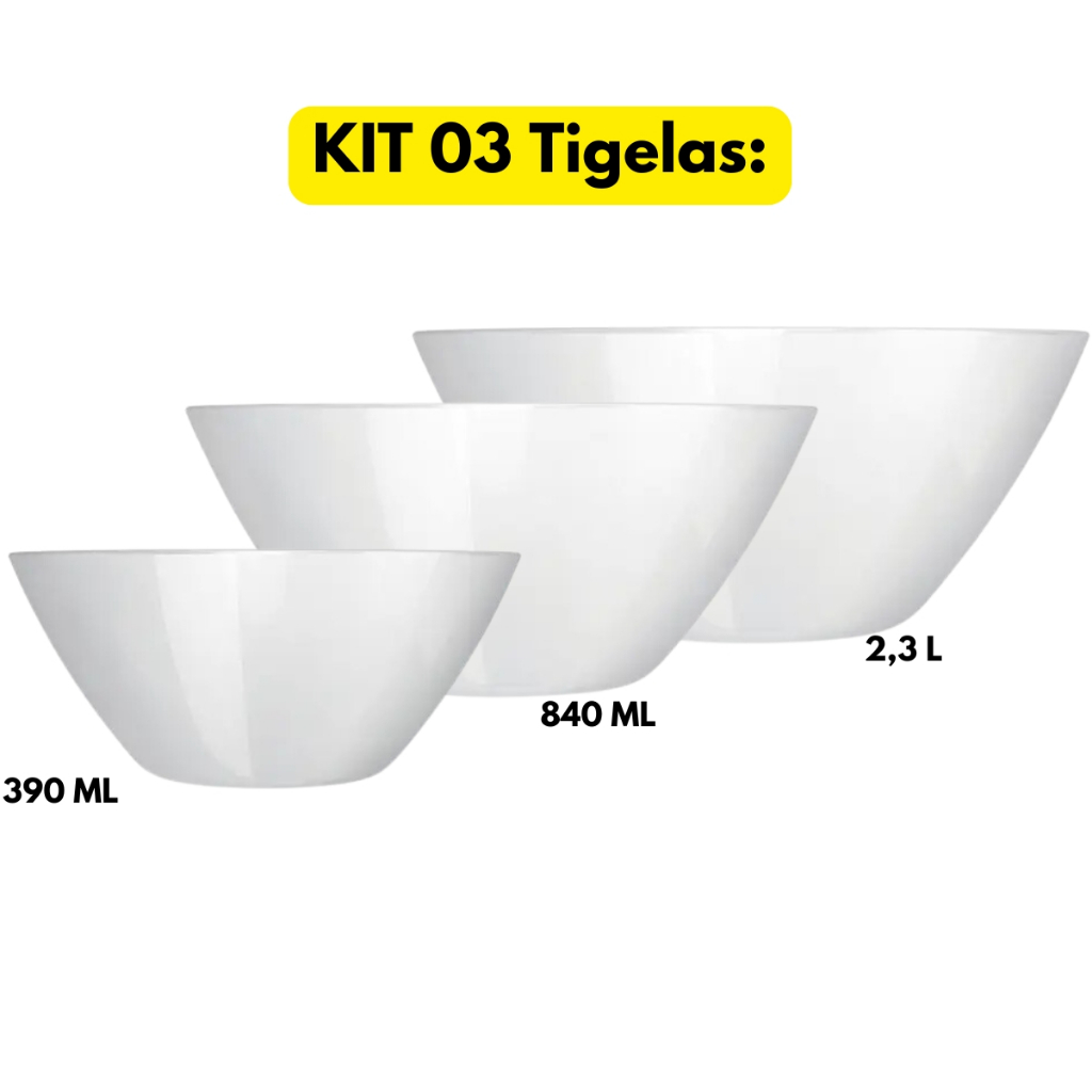 Jogo Kit 03 Tigelas Saladeiras Cumbuca Vidro Branco Duralex 2,4L+840ML+390ML Buffet Porções Refeição