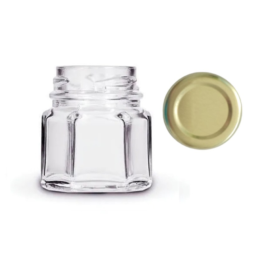 10 Unidades Pote de Vidro Sextavado 40ml Doces Bolos Temperos Geleias Lembranças Com Tampa De Metal Dourada