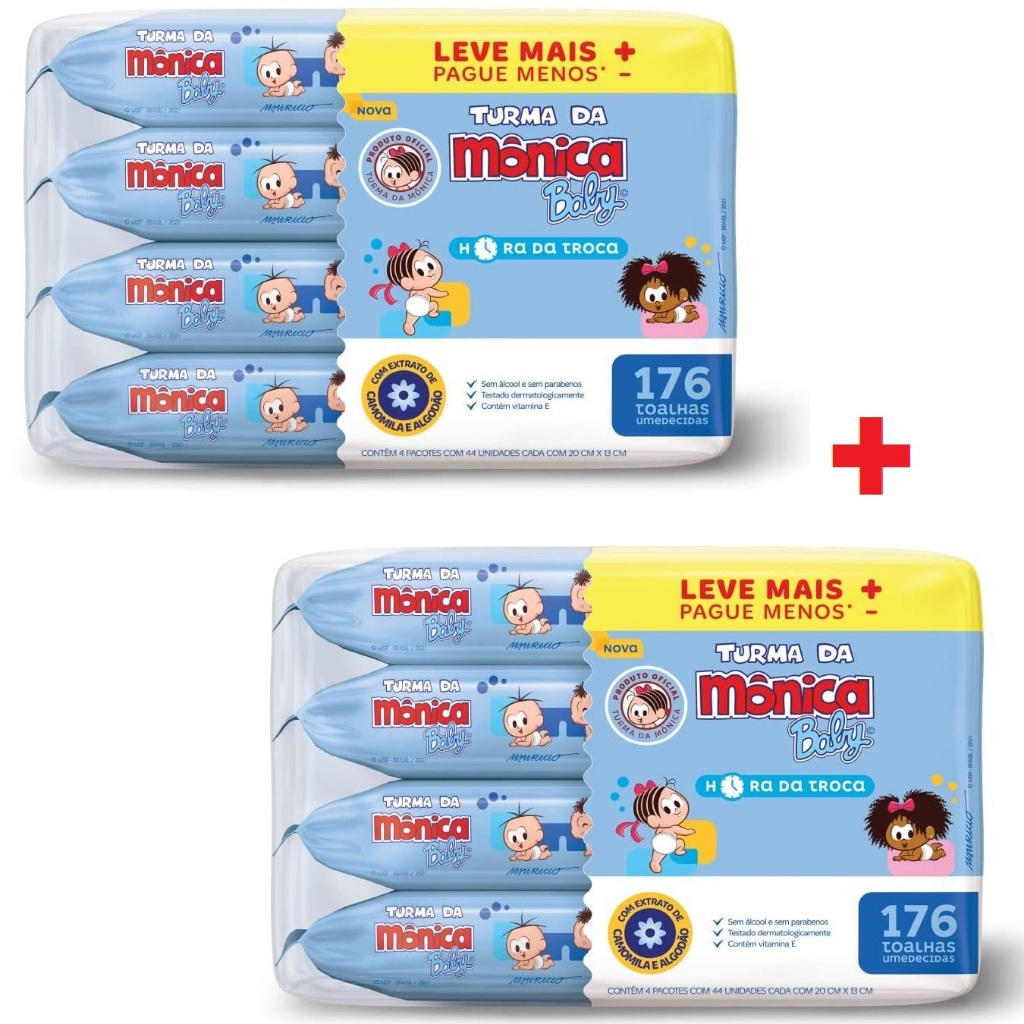 Kit 8ptes Toalhas Umedecidas Turma da Mônica Baby 44un cada -Total 352un