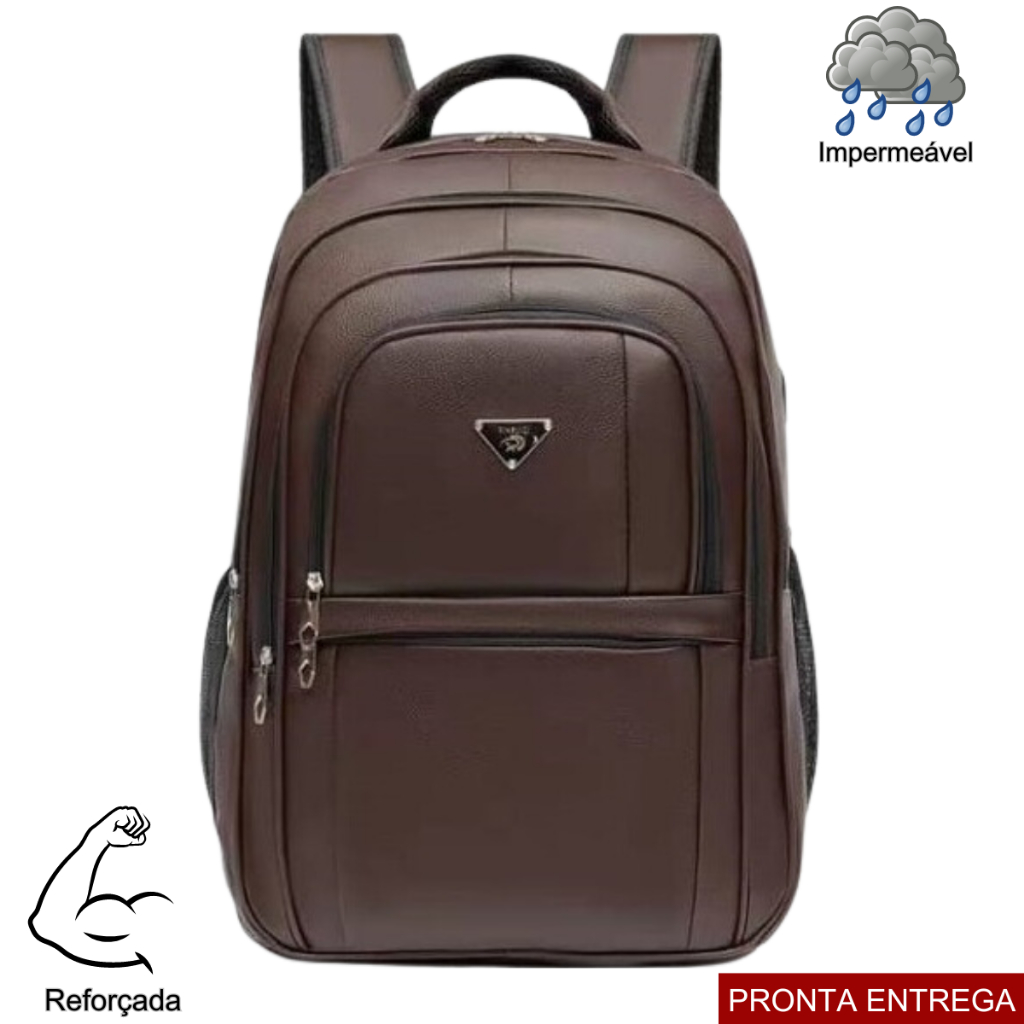 Bolsa Mochila de Couro Universitária Unissex Grande Reforçada Com Cabo de Aço Média e Grande Marrom