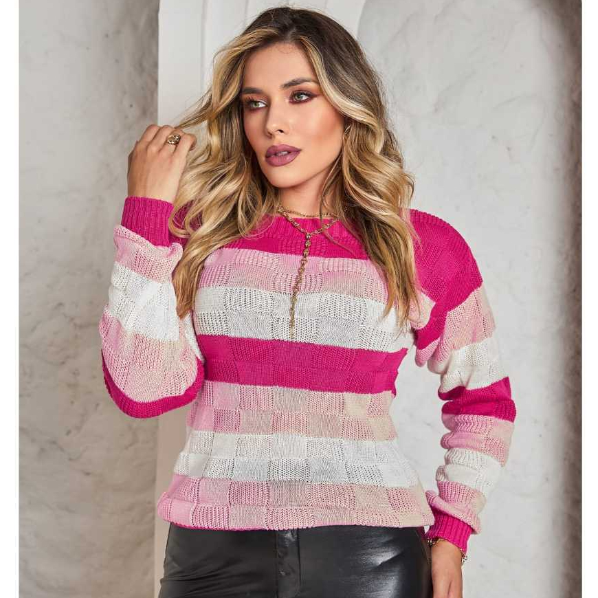 Blusa Feminina de Frio Tricot Listras Coloridas Barbie Estilo Moderno Moda Inverno