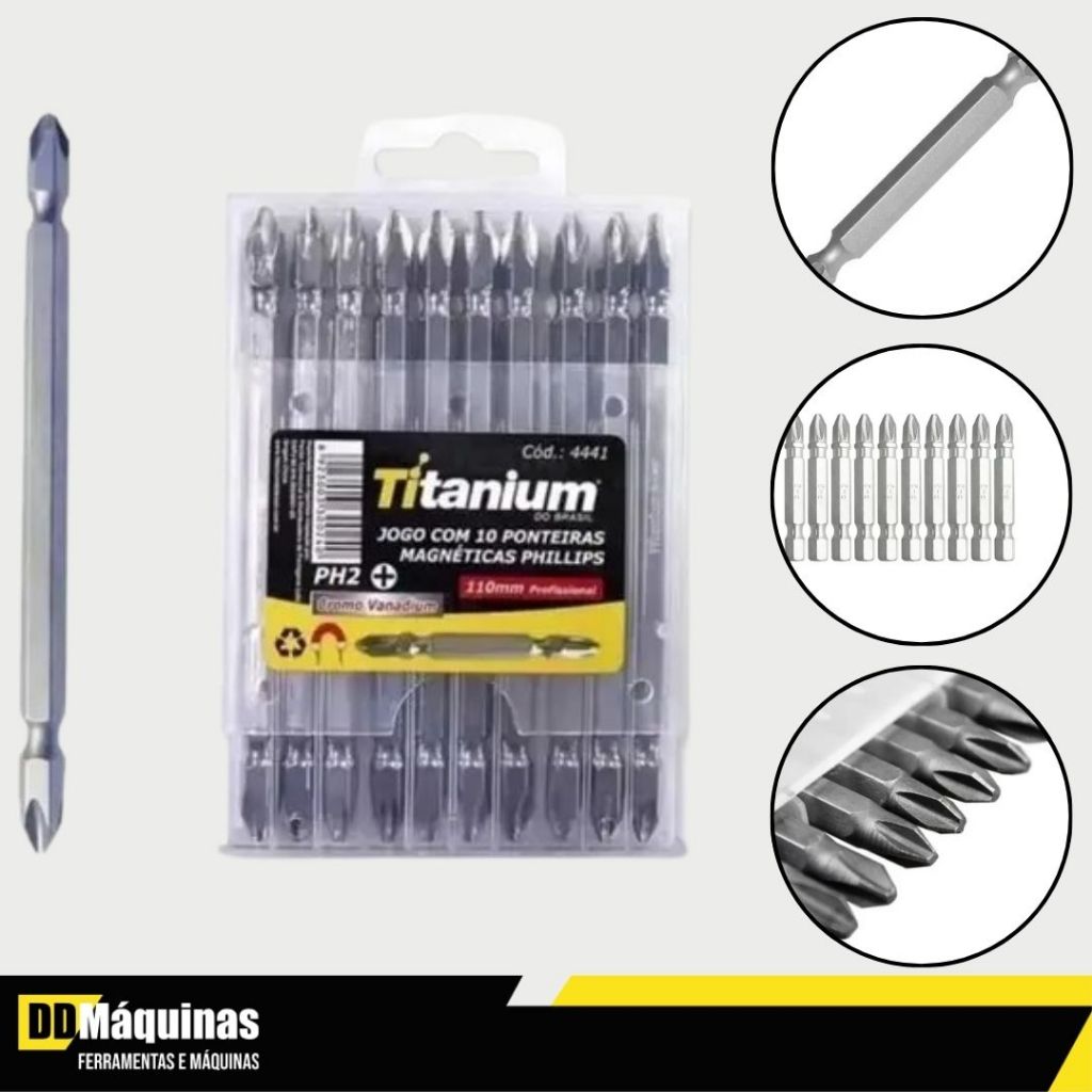 Jogo Com 10 Ponteiras Magnéticas Phillips Ph2 50mm TITANIUM