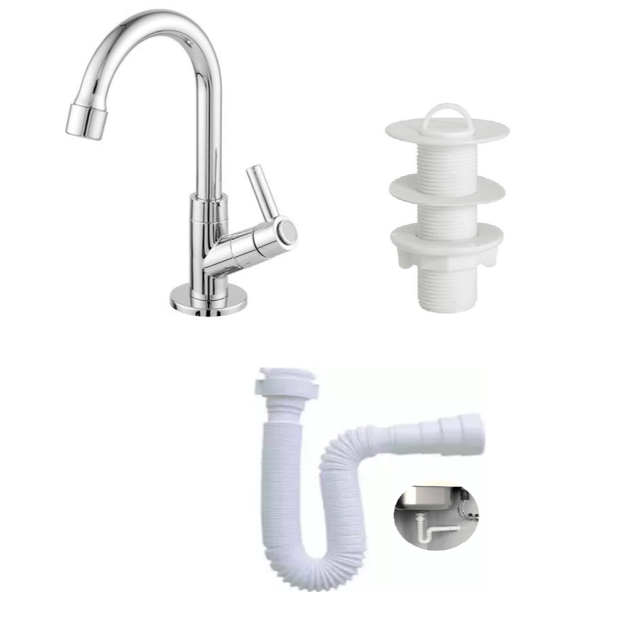 Torneira Lavatorio Banheiro Lavabo Luxo Abs + Valvula Lavatorio abs Branca + Sifão Branco