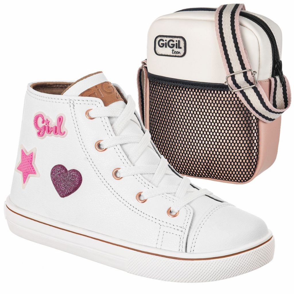 Kit Tenis Infantil GiGiL Teen Feminino Enfeite Brilho Cano Alto Escolar Confortável Cadarço Com Bag Ombro Transversal Promoção - Baby & Kids Fashion