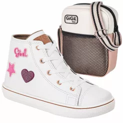 Kit Tenis Infantil GiGiL Teen Feminino Enfeite Brilho Cano Alto Escolar Confortável Cadarço Com Bag Ombro Transversal