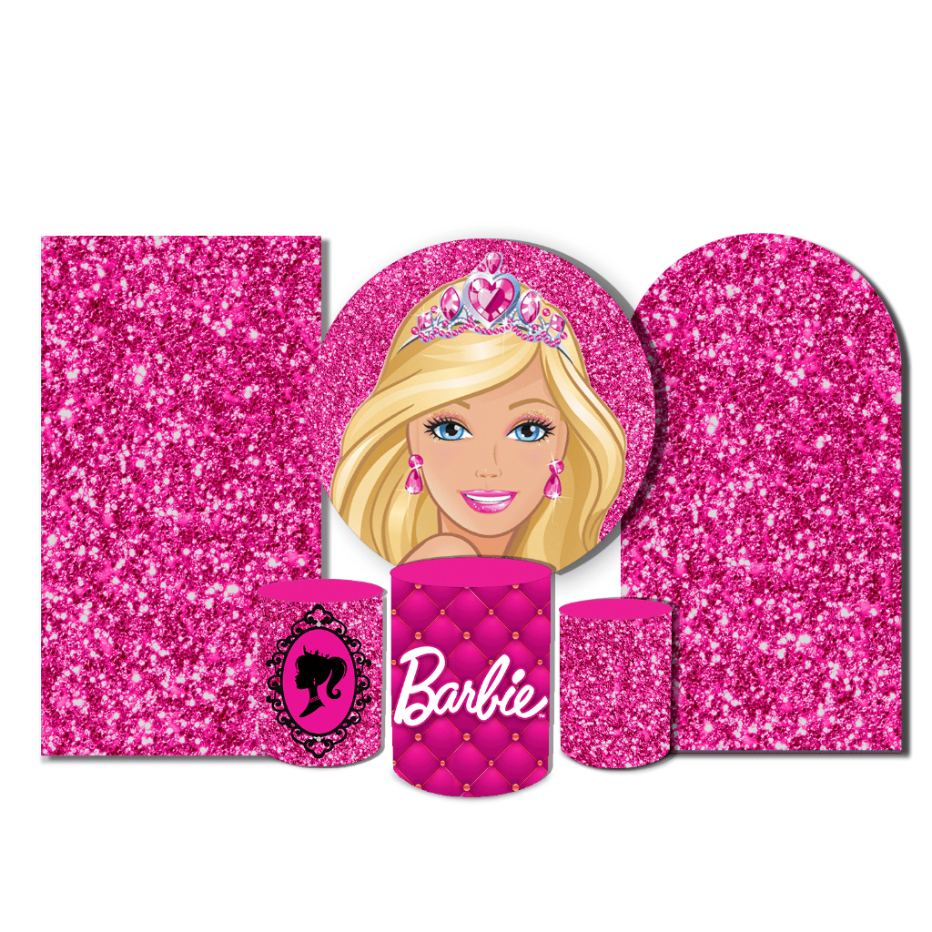 Kit Completo Painel Redondo + Trio Cilindro + Painel Romano + Painel Retangular Decoração Festa Elegante Infantil Tema Barbie Boneca