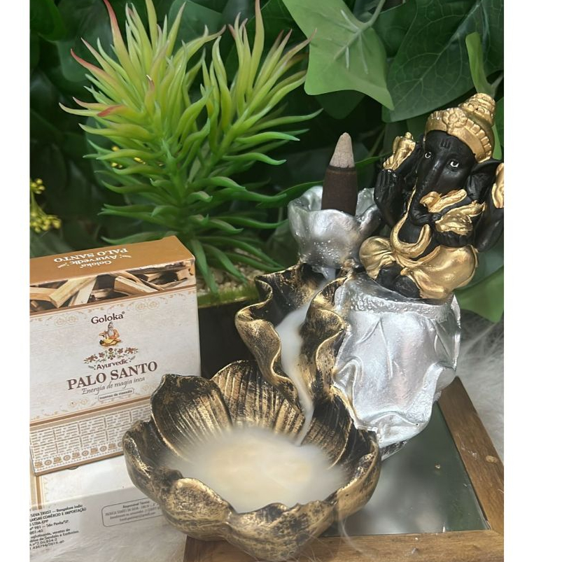Kit Incensário Efeito Cascata de Fumaça Ganesha Flor de Lotus + 10 Cones para efeito cascata