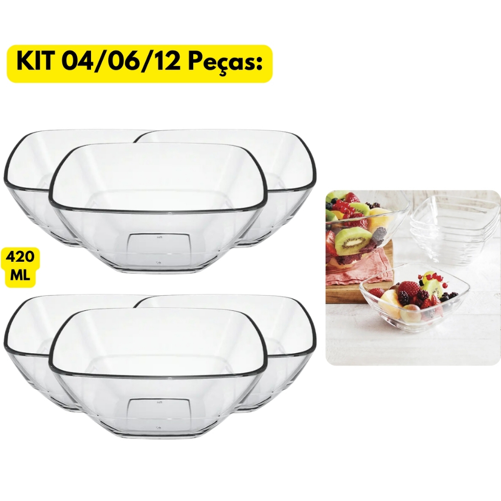 Jogo Kit 04/06/12 Tigelas Saladeiras Quadre 420ML Vidro Temperado Transparente Duralex Buffet Bar