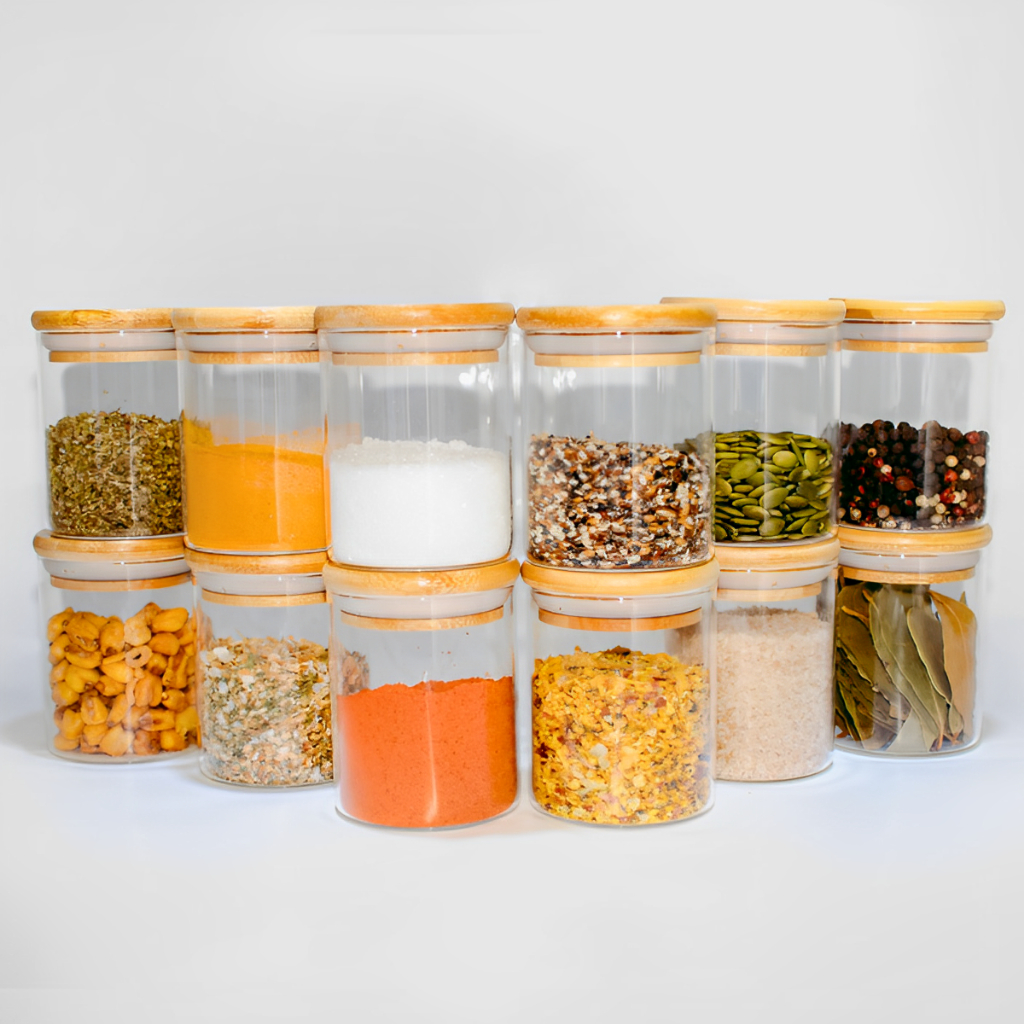Kit Potes de Vidro Herméticos Tampa Bambu Porta Temperos Condimentos Cozinha 12 peças 200ml