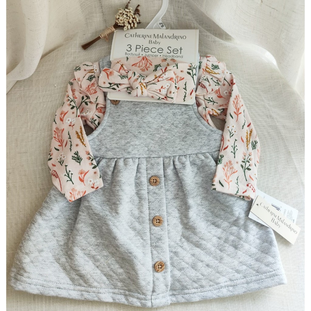 Kit Conjunto 3 Peças Roupa Infantil Bebe RN Baby Menina Feminina Vestido Cinza  Rose Estampa Floral +Body +Laço 3 ate 12 Meses (RN PP P M G)