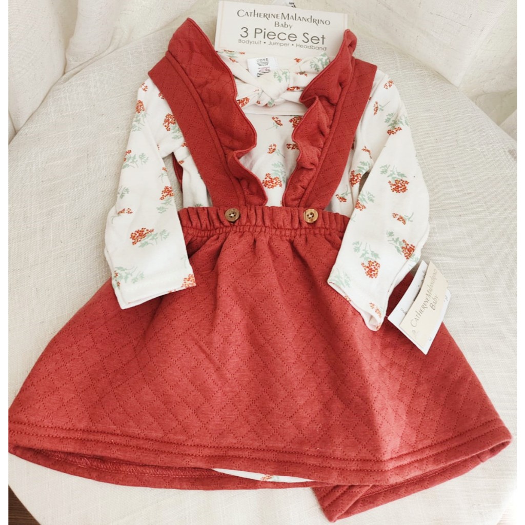 Kit Conjunto 3 Peças Roupa Infantil Bebe RN  Menina Feminina Vestido Vermelha Estampa Floral +Body +Laço  (RN PP P M G)