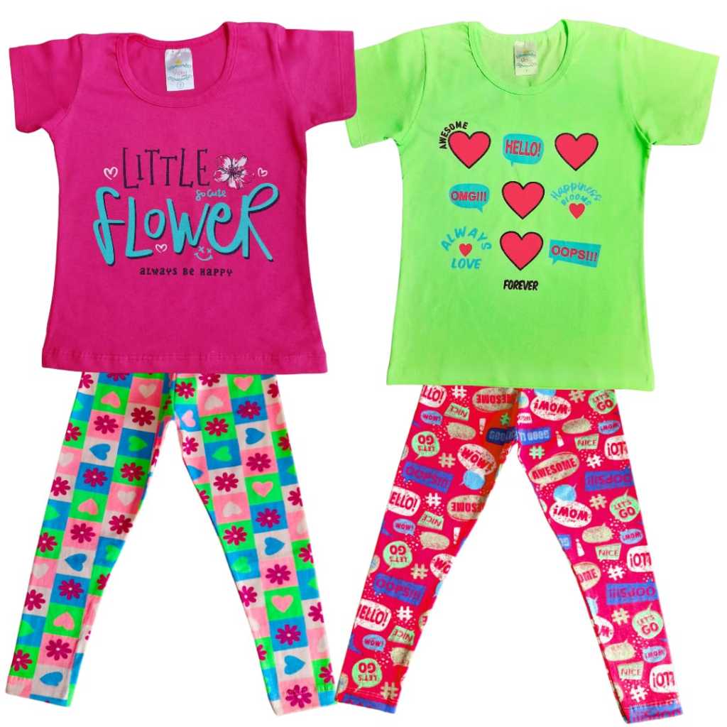 Kit 4 Peças Conjunto Infantil Menina Verão Juvenil Legging Legue Camiseta Sem Manga Algodão 1 ao 16