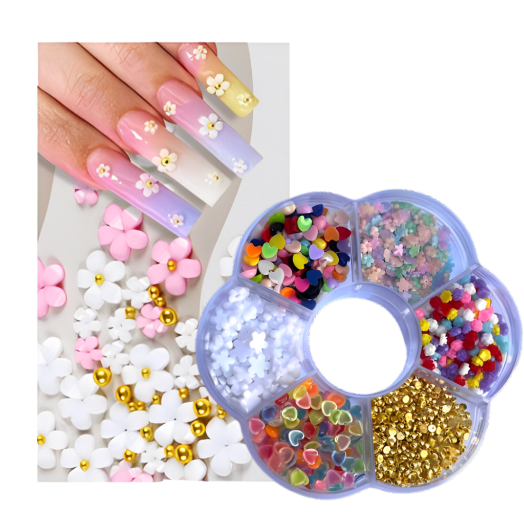 Kit Nail art unhas 3D - Strass, Flores e Coração para decoração e design de unhas